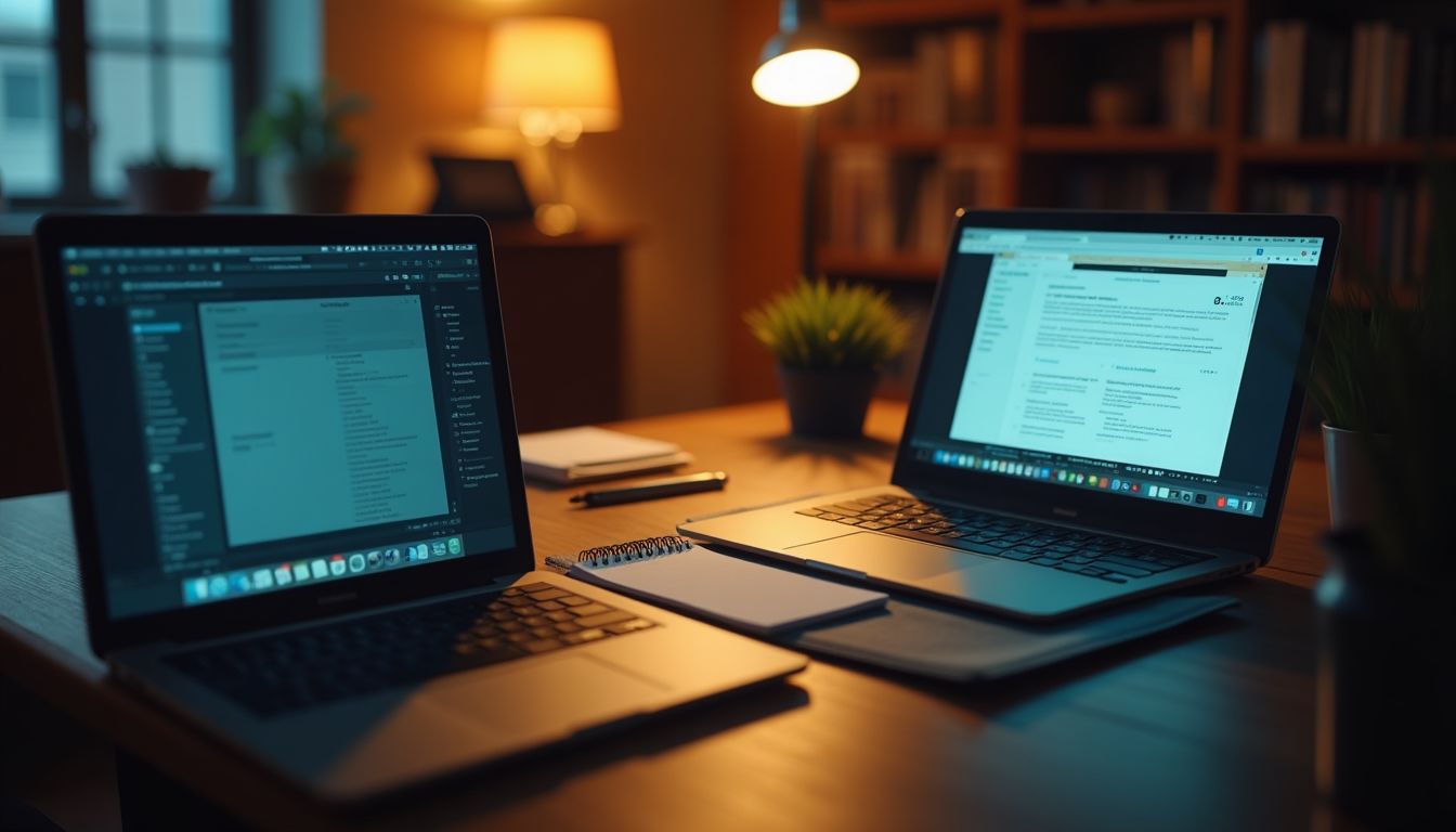 A cinematic photograph of two open laptops on a clean desk side by side, one showing a price page and one showing a free tier, warm desk lamp and cool window light mixing, calm deliberate mood, sky-blue and charcoal tones, photorealistic, no text