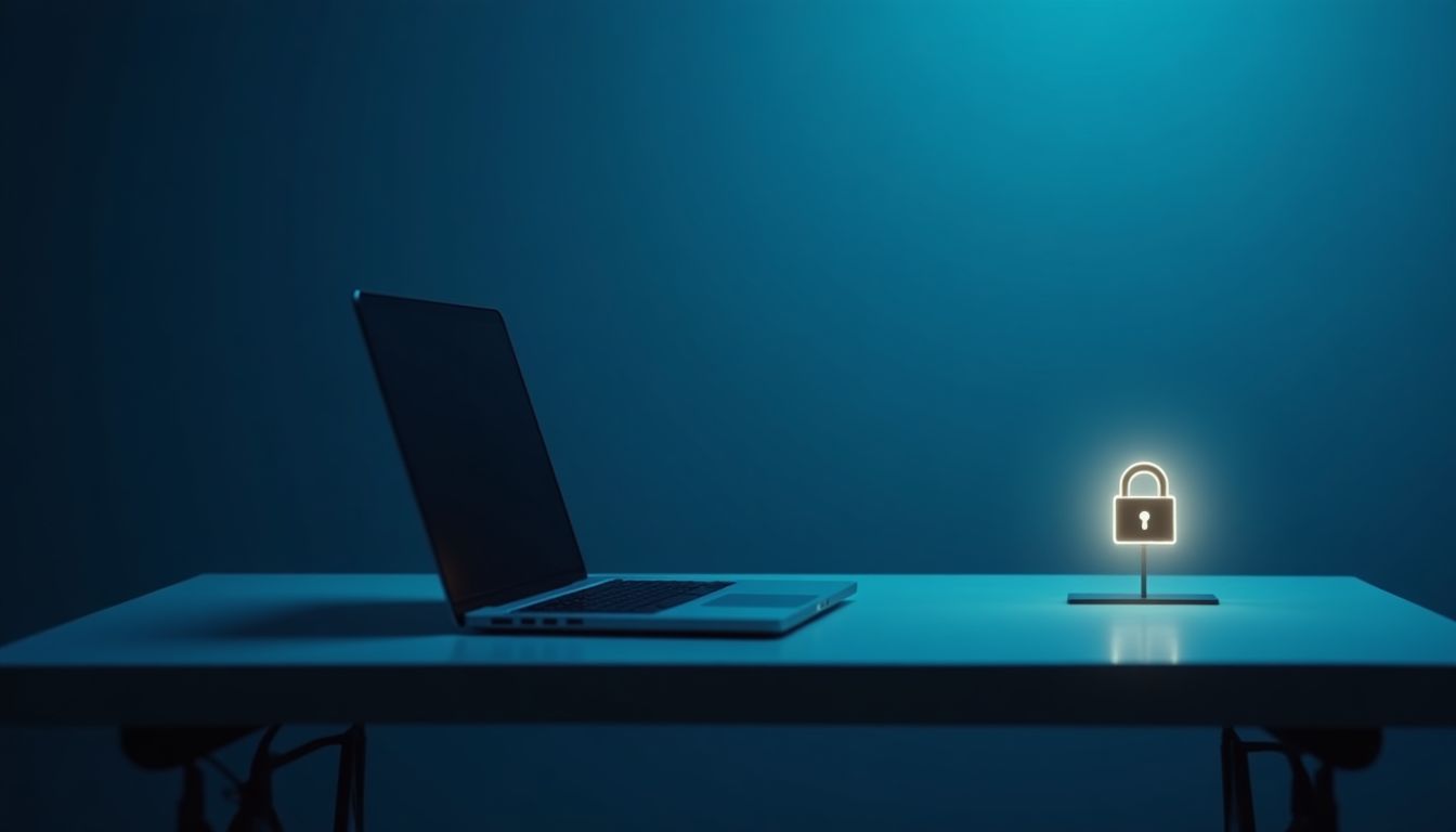 A cinematic photograph of a phone lying on a wooden table showing a privacy permission screen, a cup of tea beside it, soft morning light through a window, calm safe mood, sky-blue and charcoal tones, photorealistic, no text