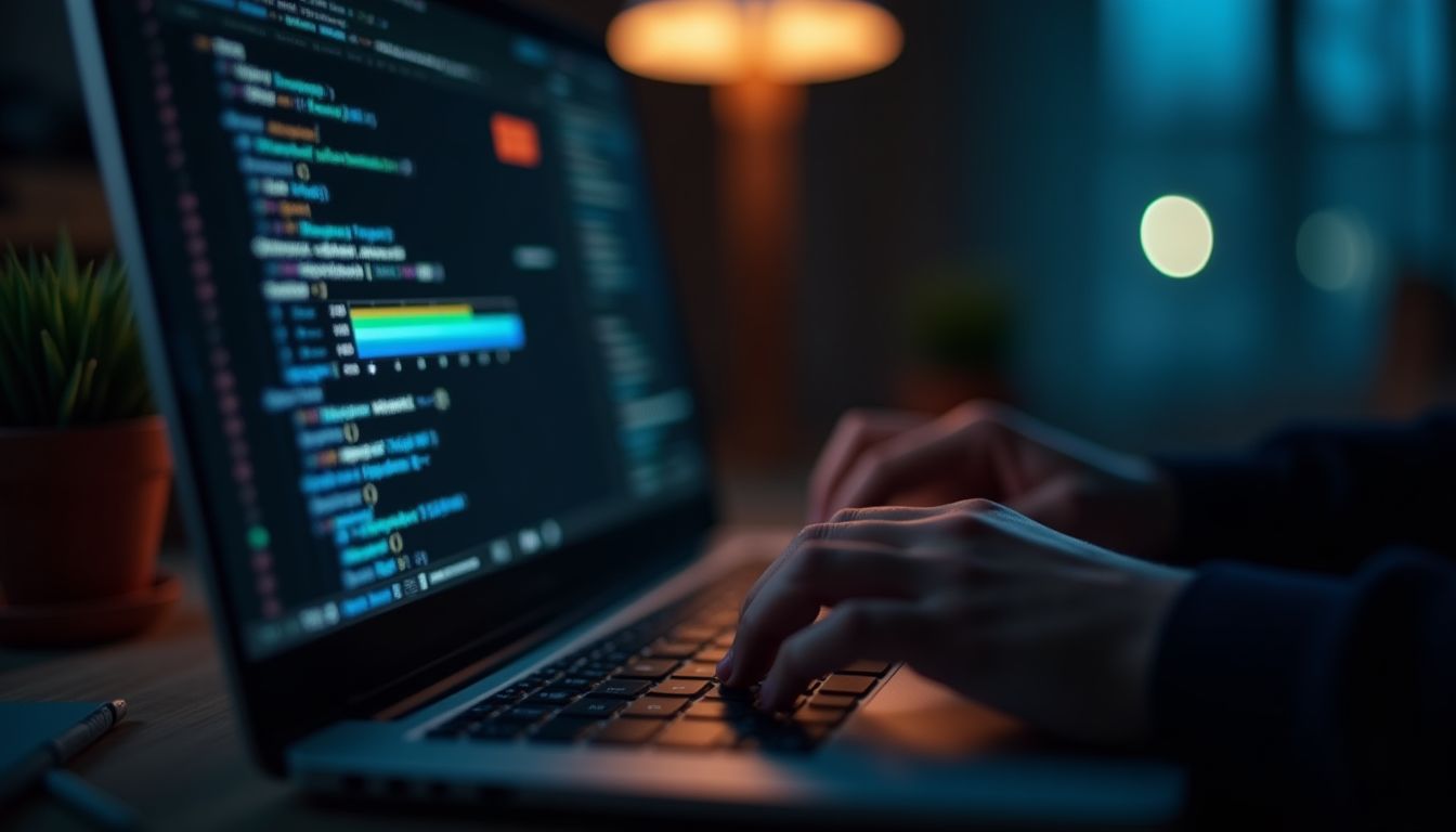 A cinematic photograph of a software update installing on a laptop screen in a tidy home office, a small backup drive plugged in beside it, late afternoon light, organised calm mood, sky-blue and charcoal tones, photorealistic, no text
